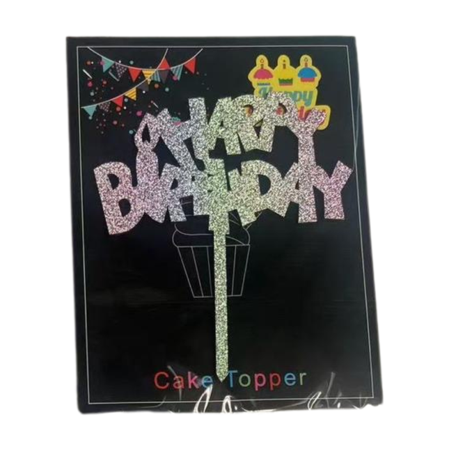 Happy Birthday Cake topper Silver